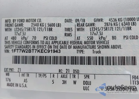 2019 Ford F-250 Xl z USA, uszkodzony, nr VIN 1FT7W2BT7KEC91943